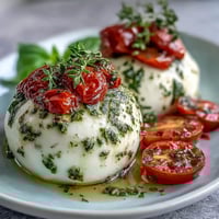 Caprese skewers with pesto drizzle feature juicy cherry tomatoes, creamy mozzarella, and fresh basil on wooden sticks, finished with vibrant green pesto sauce.