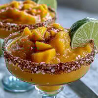 Vibrant frozen mango margarita mocktail in a salt-rimmed glass, garnished with fresh lime and mango slices, perfect for summer sipping.