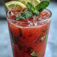 A tall glass filled with vibrant pink watermelon mint lemonade, garnished with fresh mint leaves and lemon slices, served over ice cubes for a refreshing summer drink.