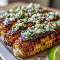 Grilled corn elote style with creamy sauce, Cotija cheese, and chili powder for a vibrant Mexican street food treat.