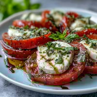 Vibrant Caprese salad with ripe tomatoes, mozzarella, and fresh basil drizzled with fragrant basil oil.