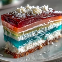 Vibrant rainbow jelly cake with creamy coconut topping, a sweet visually stunning dessert.