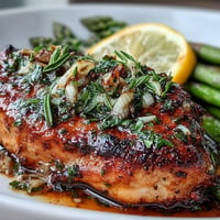 One-Pan Lemon Herb Chicken and Asparagus roasted with vibrant lemon slices.