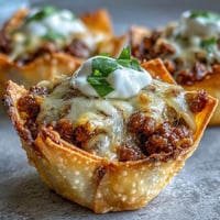 Mini Taco Cups in Wonton Wrappers: golden, crispy appetizers with savory filling and melted cheese.